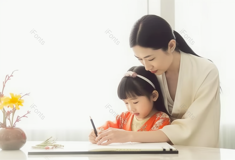妈妈在家指导女儿写作用,高清,摄影图,摄影图片,图片大全,摄影图免费下载